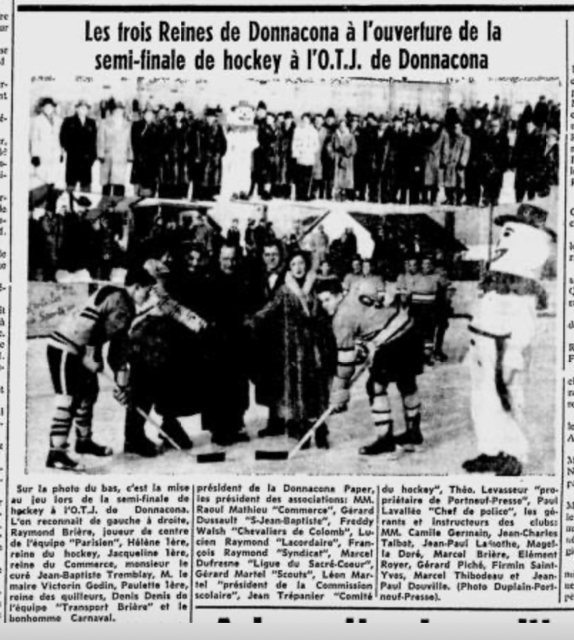 La reine du commerce, Jacqueline Tremblay, la reine du hockey, Hélène 1re et la reine des quilleurs, Paulette 1er. Source : Portneuf Presse