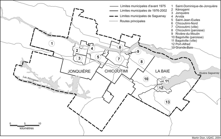 Les limites municipales des anciennes villes de Saguenay
