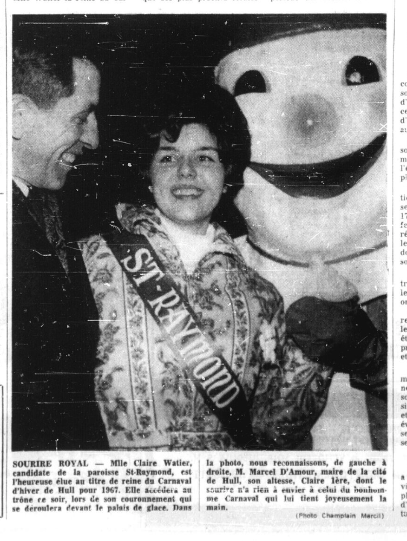 Bonhomme Hull en 1967 avec sa reine. Source: Le Droit, 27 janvier 1967