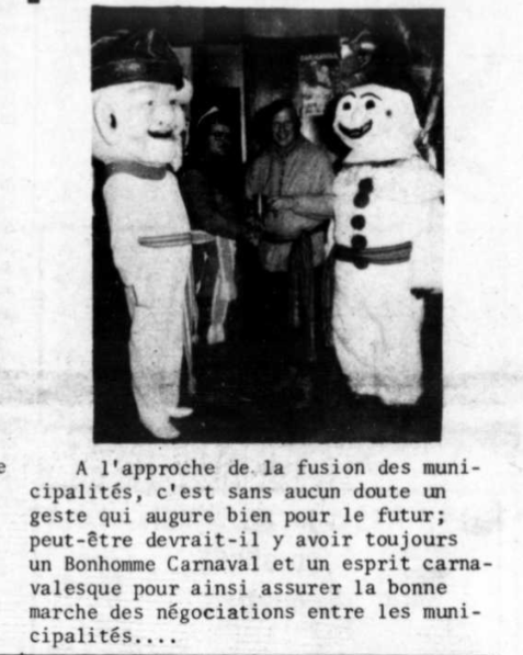 Bonhomme Pointe-Gatineau rencontre… Bonhomme Gatineau. Le journaliste lance une pointe à l’éventuel conflit qui les opposera quand les fusions arriveront. Il ne peut qu’y avoir un seul bonhomme pour cette nouvelle ville. Source: La revue de Gatineau