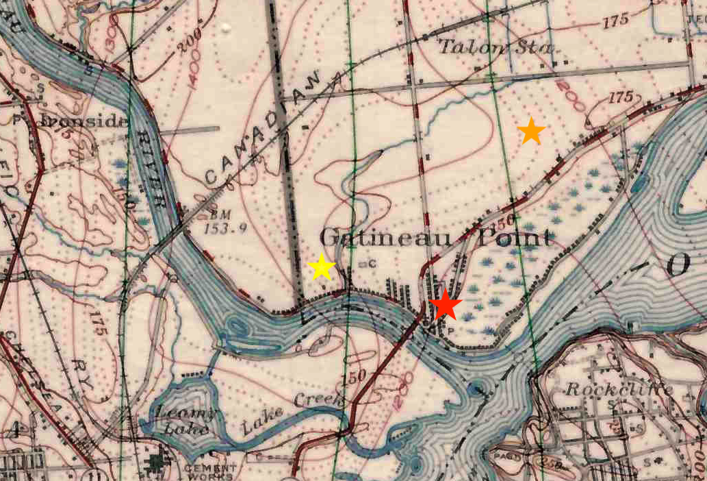 Emplacements approximatifs des trois églises des paroisses concernées. En jaune, Saint-Jean-de-Brébeuf. En orange, Saint-Rosaire. En rouge, Saint-François. Source de la carte: Société historique de la vallée de la Gatineau