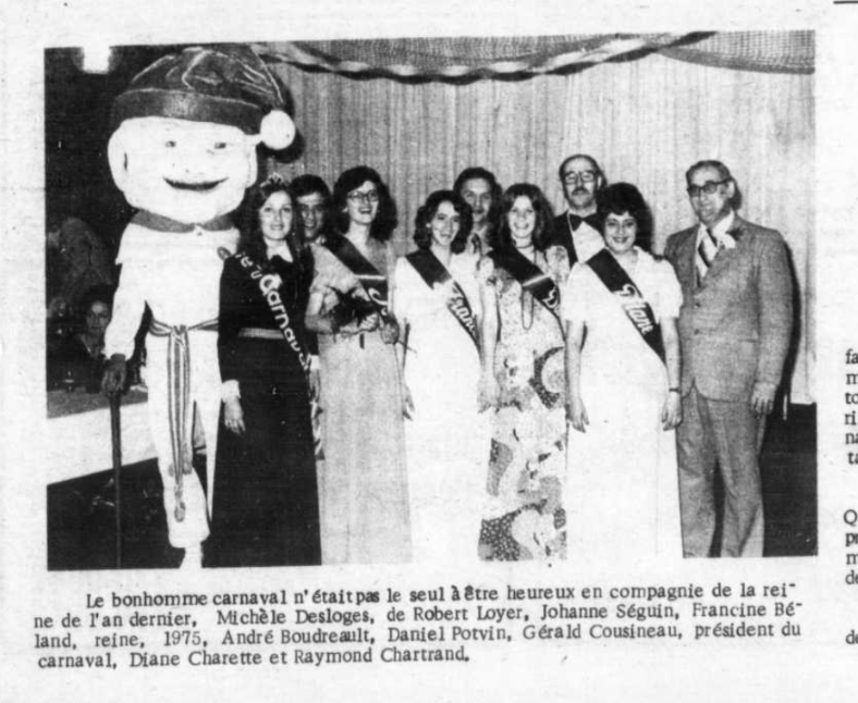 La reine Francine, troisième à partir de la gauche, en blanc. On peut aussi voir la reine de l'année précédente, Michèle Desloges. C'est la première à partir de la gauche en noir. Source: La revue de Gatineau