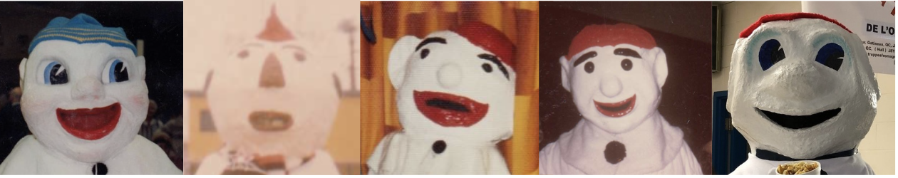 5 différents bonhommes du Carnaval de Saint-Jean-Bosco trouvés dans les photos d'archives. Source: médias sociaux de Loisirs Saint-Jean-Bosco